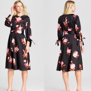 Who What Wear Floral Midi Dress with Ties | Black Red Pink Floral | size M